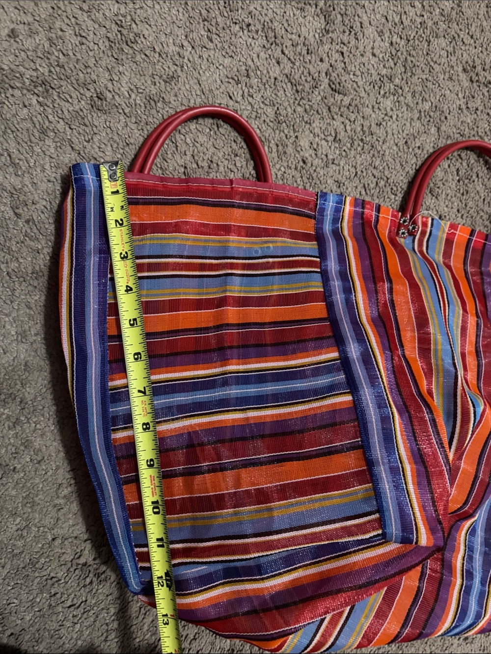 Vintage Woven Plastic Tote Bag-Rainbow Stripes-Mesh Look-Hand Carry Double Strap - Picture 12 of 13